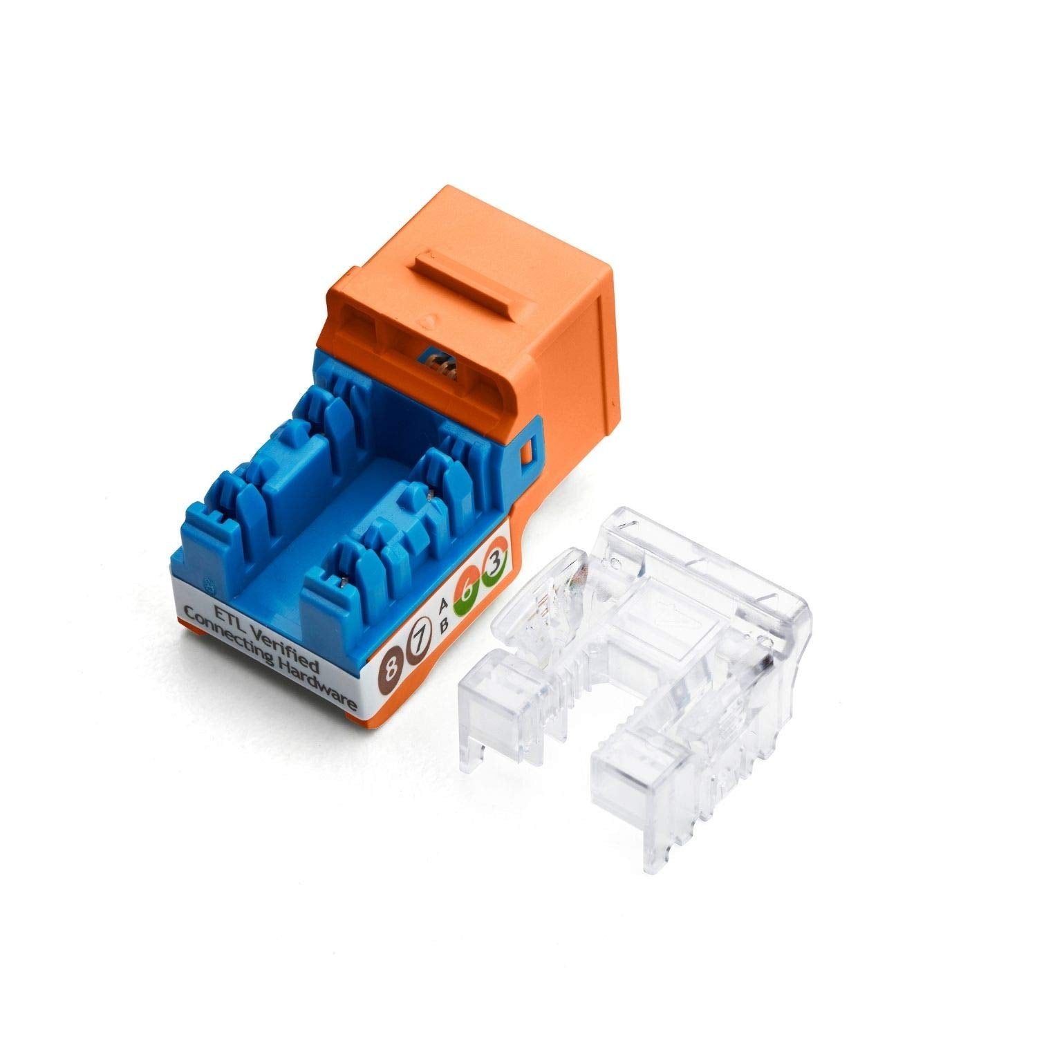 TRUE CABLE Cat6A Unshielded (UTP) Keystone Jack, 90-Degree Punch-Down RJ45 Female Module, PoE++ 4PPoE, UL Listed & TIA Certified, Orange, 12 Pack