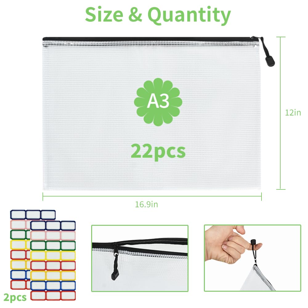 Vuzvuv 22Pcs A3 Size-16.9"x 12" Large Mesh Zipper Pouch with Label Sticker, Plastic Document Mesh Bag for File Board Game School Office Home Travel Storage（43cm30cm）