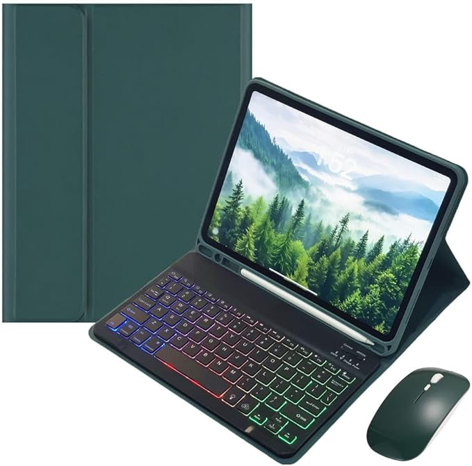 Rainbow Backlit Keyboard Case for iPad Air 13-inch (M3/M2), iPad Pro 12.9 (6th/5th/4th/3rd Gen) with Mouse and RGB Colorful Backlight Detachable Keyboard Cover,Dark Green+Black