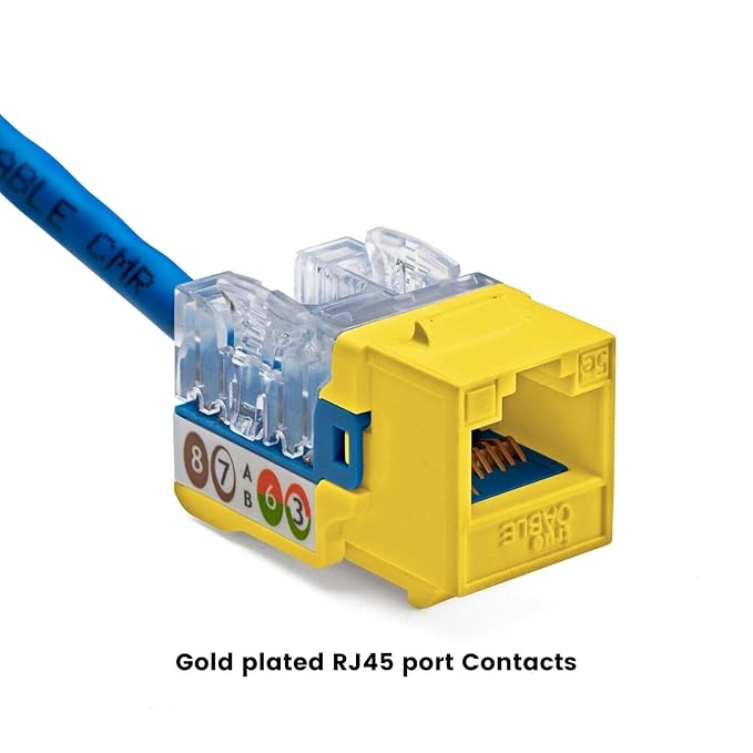 TRUE CABLE Cat5e Keystone Jack, Unshielded (UTP), 90 Degree Punch-Down, PoE++ (4PPoE) 100W, UL Listed, ETL Verified, ANSI/TIA Certified, Modular RJ45 Female, Yellow, 48 Pack