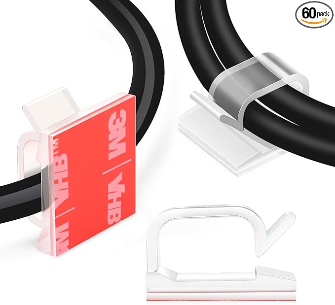 60 PCS XHF 3/4” Adhesive Cable Wire Clips Clear, Cable Staples Outdoor Cable Management Wire Organizer Cord Holder for Under Desk, Car, Wall, TV PC Ethernet Cable WCL7-clear-60p
