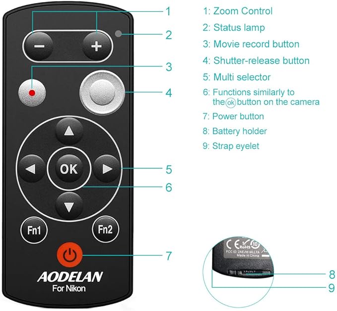 AODELAN Wireless Camera Remote Control Remote Shutter Release for Nikon Zfc, Z50, P1000, B600, A1000, P950; Replaces Nikon ML-L7