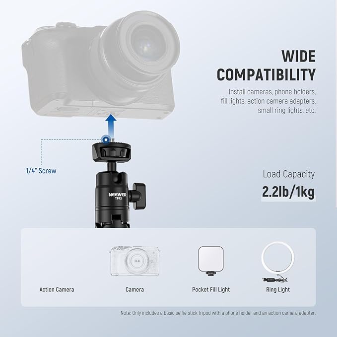 NEEWER Basics Mini Desk Selfie Stick Tripod Compatible with iPhone GoPro Insta360 DJI, Portable Small Camera Webcam Android Cell Phone Holder Ball Head Elevated Axis Video Recording Stand, TP43 Black