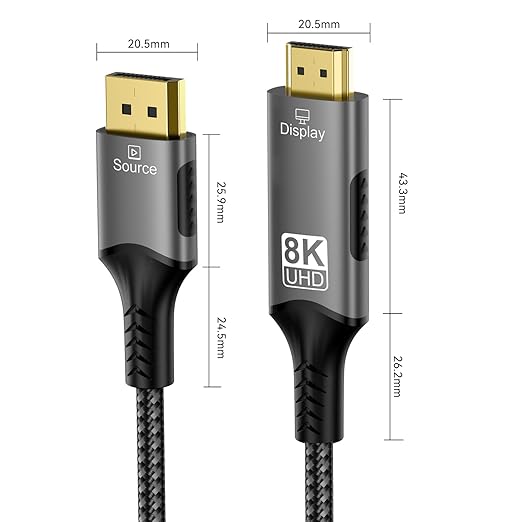 FDBRO 8K DisplayPort to HDMI Cable Active 8K@60Hz 4K@120Hz 32.4Gbps, Uni-Directional, DP 1.4 to HDMI 2.1 Cord Support HDR/HDCP 2.2/DSC 1.2 for Gaming Monitor, TV, PC (Gray & Black, 3M (10FT))