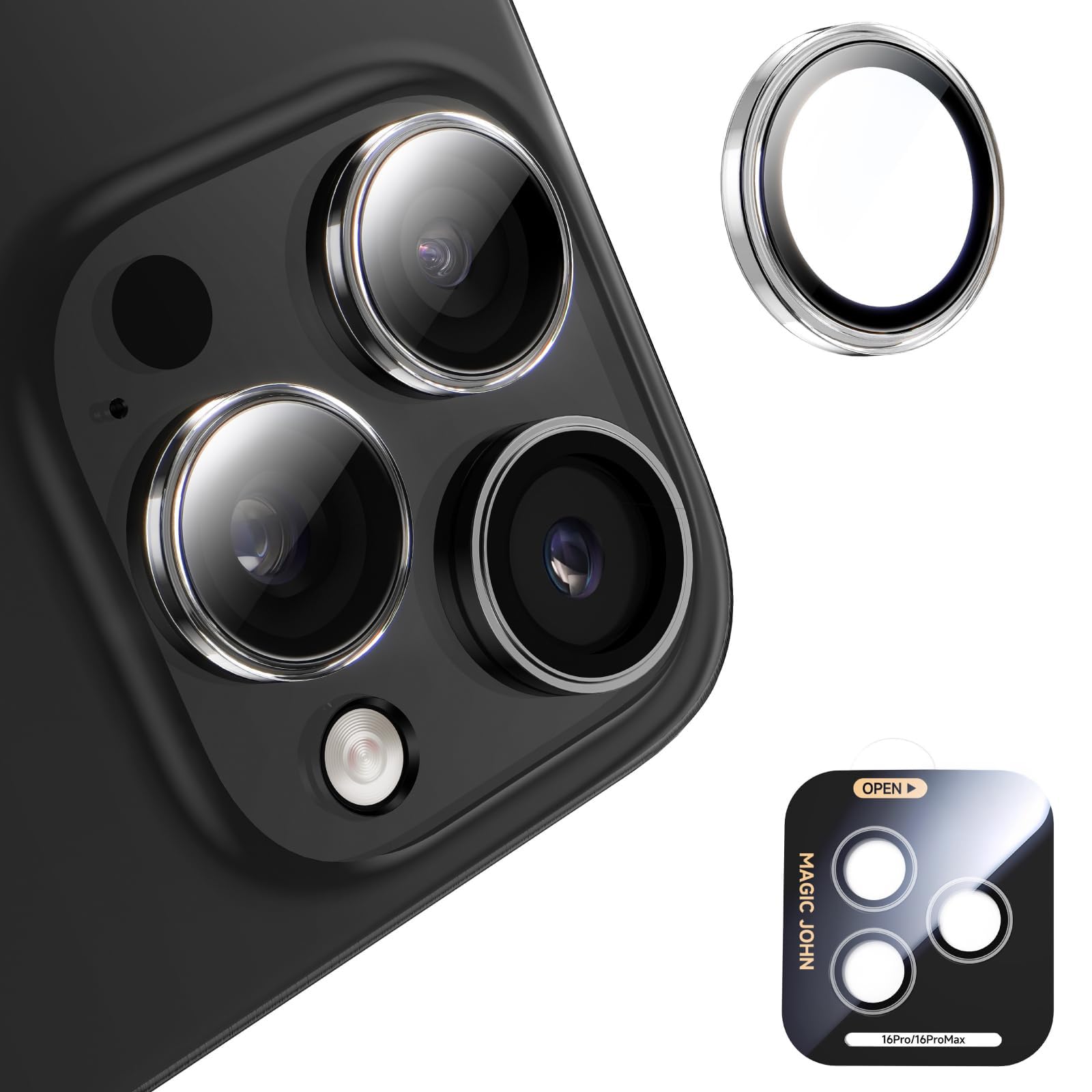 MAGIC JOHN for iPhone 16 Pro Max/16 Pro Camera Lens Protector [Alignment Kit&1:1 Invisible Perfect Fit] 9H Aerospace Tempered Glass Anti-Scratch Durable, Individual Cover Ring, Case Friendly, Set of 2, Clear