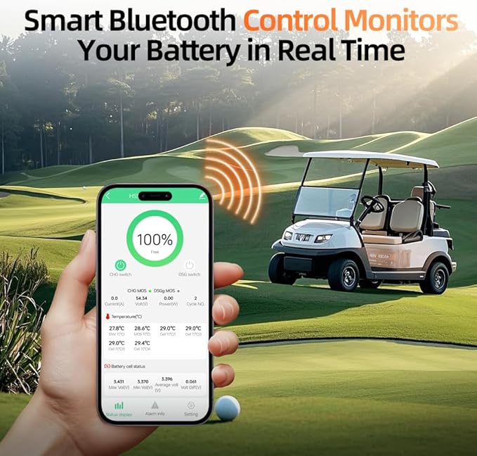 48V 100Ah Lithium Golf Cart Battery Group 8D with Bluetooth, Built-in 200A BMS 15000+ Deep Cycle LiFePO4 Battery with Low-Temp Protection for Golf Carts, RV, Off-Grid, Trailers & Marine