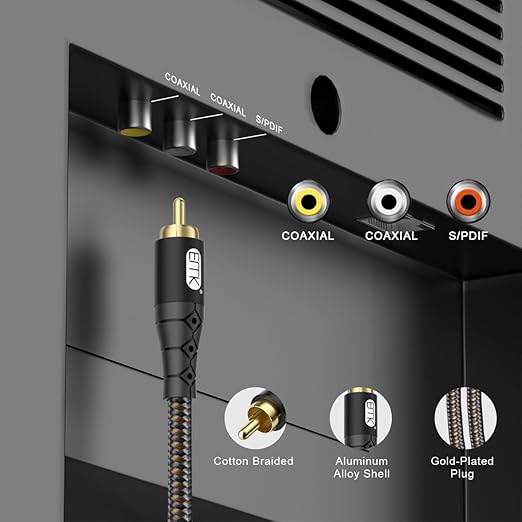 EMK RCA to RCA Subwoofer Cable – 24K Gold-Plated Connector Nylon Braided Double Shielded Audio Cable Digital&Analog Signal Support for Amplifiers Subwoofer Home Theater Hi-Fi Systems Black/10ft/3m