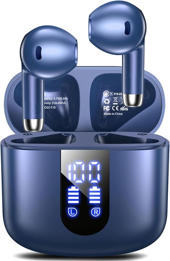 Wireless Earbuds, Bluetooth Headphones with Deep Bass Stereo, 48H Playback Ear Buds with LED Power Display Charging Case，Lightweight, IPX7, in-Ear Earphones with Mic for for Phone Tablet Laptop, Blue