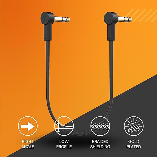 Rock Stock 1/4" Stereo TRS Flat Patch Cables - 36" Ultra-Thin, Right Angle, Low Profile, Gold Plated, Braided Shielding - Maximize Pedalboard Space, Eliminate Noise, Connect Guitar Effects Pedals