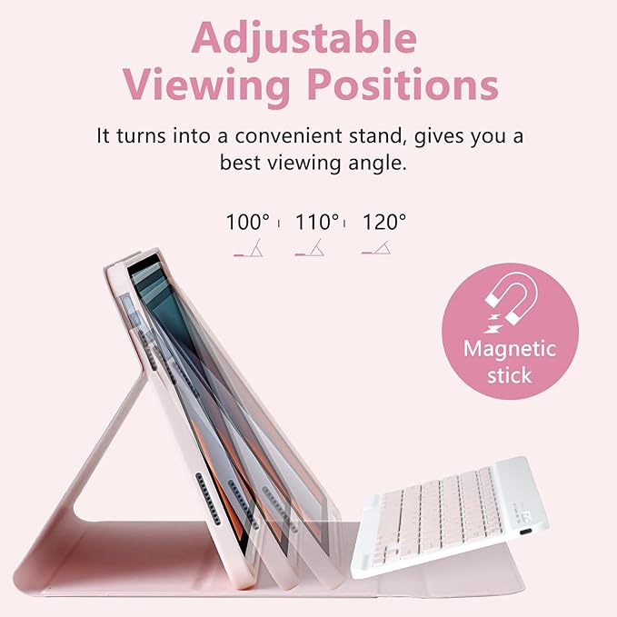MMK iPad A16 Case (2025, 11"), iPad 10th Generation Case with Keyboard (2022, 10.9"), Wireless Detachable Keyboard, Pencil Holder (Pink)