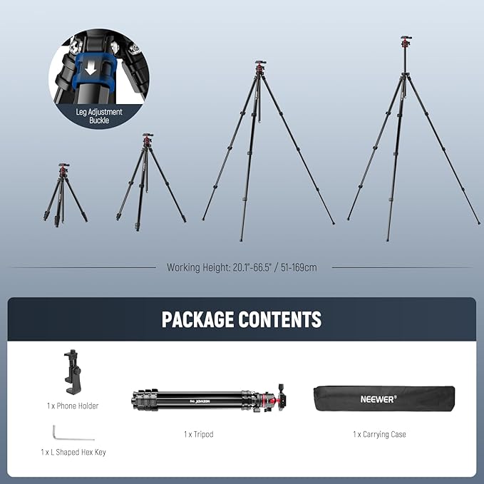 NEEWER Basics 66.5"/169 cm Travel Tripod for Camera, Lightweight Portable DSLR Stand with Ball Head, Arca Type QR Plate, Cell Phone Holder Compatible with iPhone Video Recording, Max Load 11 lb, TP12