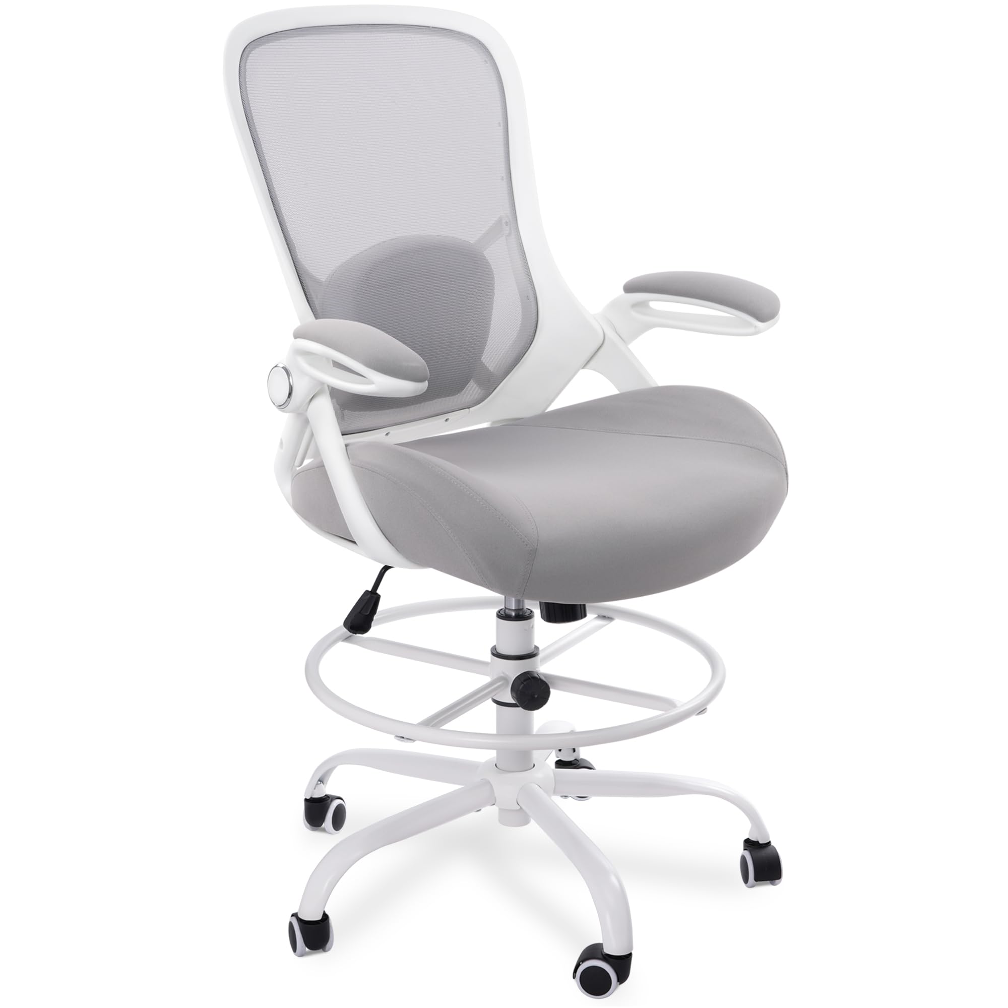 HYLONE 400lbs Heavy Duty Drafting Chair 5" Thickened Seat Office Chair with Flip-Up Armrests Tall Ergonomic Computer Chair with Lumbar Support and Adjustable Footrest Ring Standing Desk Chair (Grey)