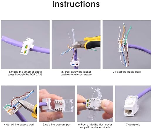AMPCOM CAT6 Keystone Jack Tool-Less RJ45 UTP, No Punch-Down Tool Required Module Coupler 12-Pack White