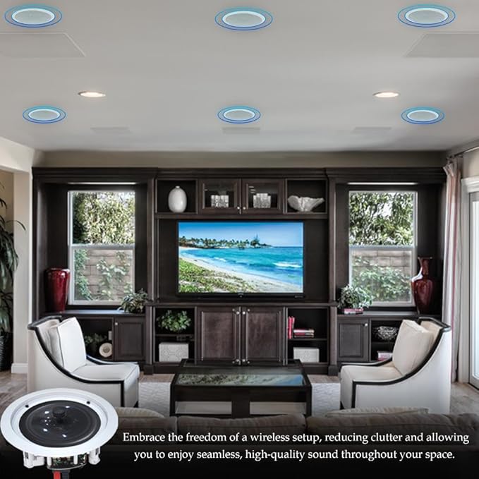 Home Theater System Kit - 6 Channel 6000 Watts Bluetooth Amplifier, 8 Qty of 8” Framed Ceiling Speakers 300 W Each, 16 AWG 500 ft Speaker Wire & Remote Ideal for Home, Office by Technical Pro