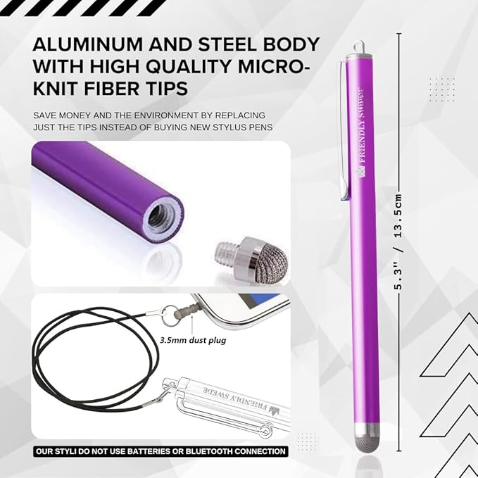 The Friendly Swede Mesh Tip Stylus Pen for Touchscreen — 3-Pack Micro-Knit Capacitive Stylus Pen for iPad & iPhone with 3 Replaceable Fiber Tips, Elastic Lanyards & Screen Cleaning Cloth