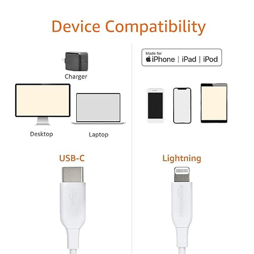Amazon Basics USB-C to Lightning Charger Cable, Apple MFi Certified for iPhone 14 13 12 11 X Xs Pro, Pro Max, Plus, iPad, Fast Charging, High Speed Data Sync, 6 ft, White