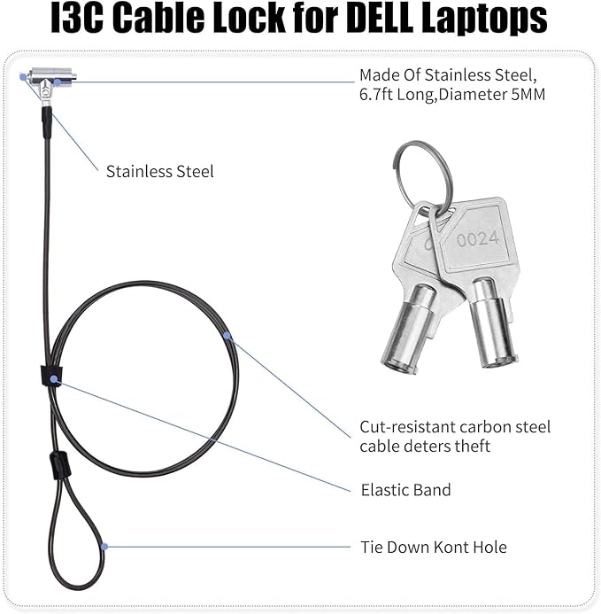 I3C Laptop Cable Lock Hardware Security Cable Lock Anti Theft 6.7FT Cable Lock Compatible with Laptop Anti-Theft Security Locking Cable Compatible for Wedge Type Slot(6 * 2.5mm)
