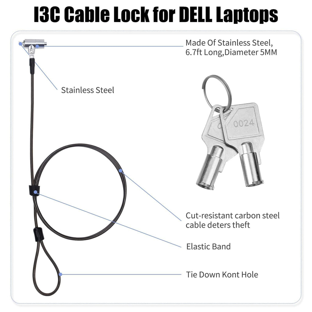 I3C Laptop Cable Lock Hardware Security Cable Lock Anti Theft 6.7FT Cable Lock Compatible with Laptop Anti-Theft Security Locking Cable Compatible for Wedge Type Slot(6 * 2.5mm)