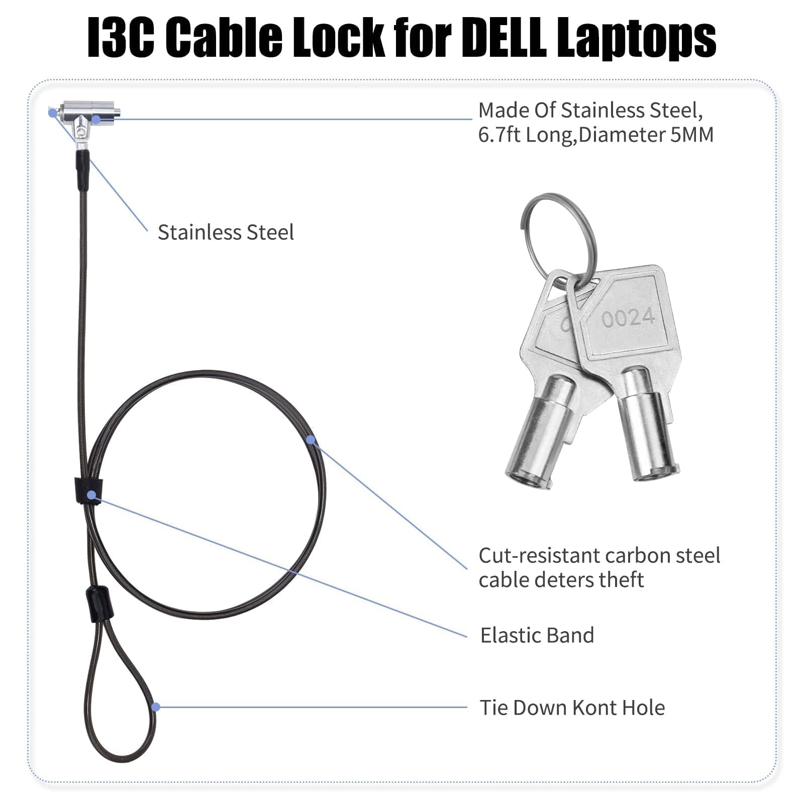 I3C Laptop Cable Lock Hardware Security Cable Lock Anti Theft 6.7FT Cable Lock Compatible with Laptop Anti-Theft Security Locking Cable Compatible for Wedge Type Slot(6 * 2.5mm)