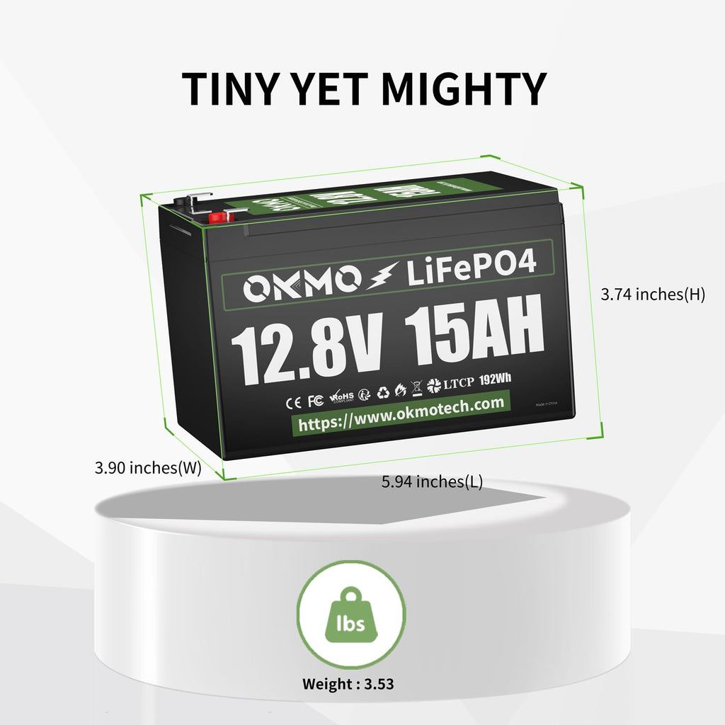 OKMO 12V 15Ah LiFePO4 Lithium Battery 12.8V, 15000+ Deep Cycles rechargeable for Lighting, Kayak Fish Finder, Radio, Backup Power and More
