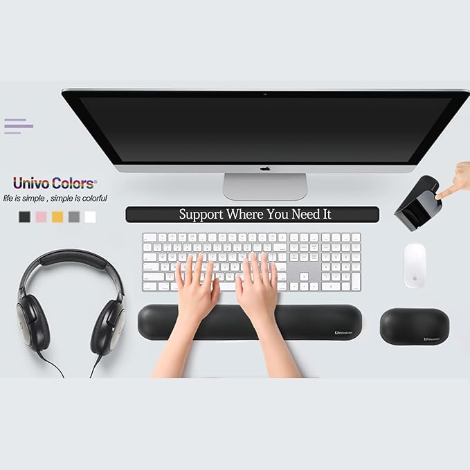 UnivoColors Design-Wave Keyboard Wrist Rest, Artificial Sheepskin+Memory Foam+Ergonomic+Anti-Slip Gel, Resilience Support During Work and Gaming,Keyboard Accessory,White