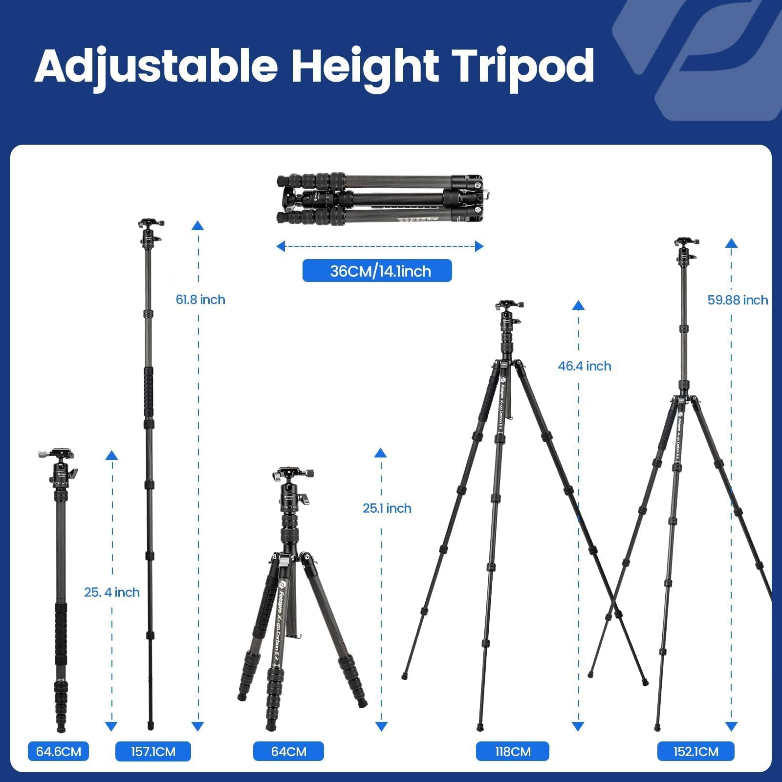 Fotopro 62" Carbon Fiber Travel Tripod, Lightweight Compact Camera Tripod with Ball Head and Arca-Swiss Quick Release Plate, Detachable Monopod, Carry Bag, Load up to 8KG/17.63lbs, Weighs only 2lbs.