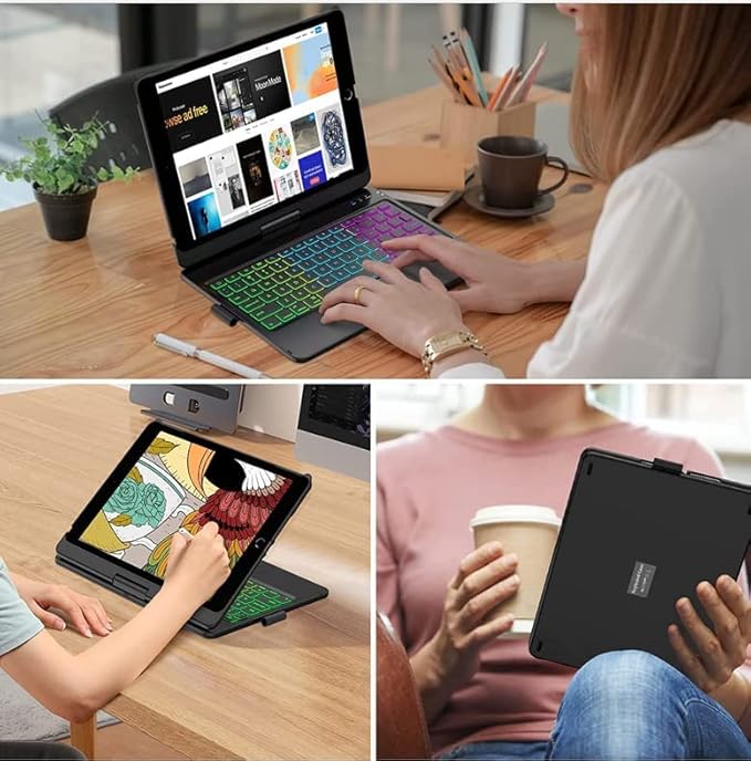 Keyboard Case for iPad 10.2 9th/8th/7th Gen, Rotating Case for iPad9/iPad8/iPad7 with Backlits Touchpad Keyboard-360° Rotatable Smart Cover with Pencil Holder, Black