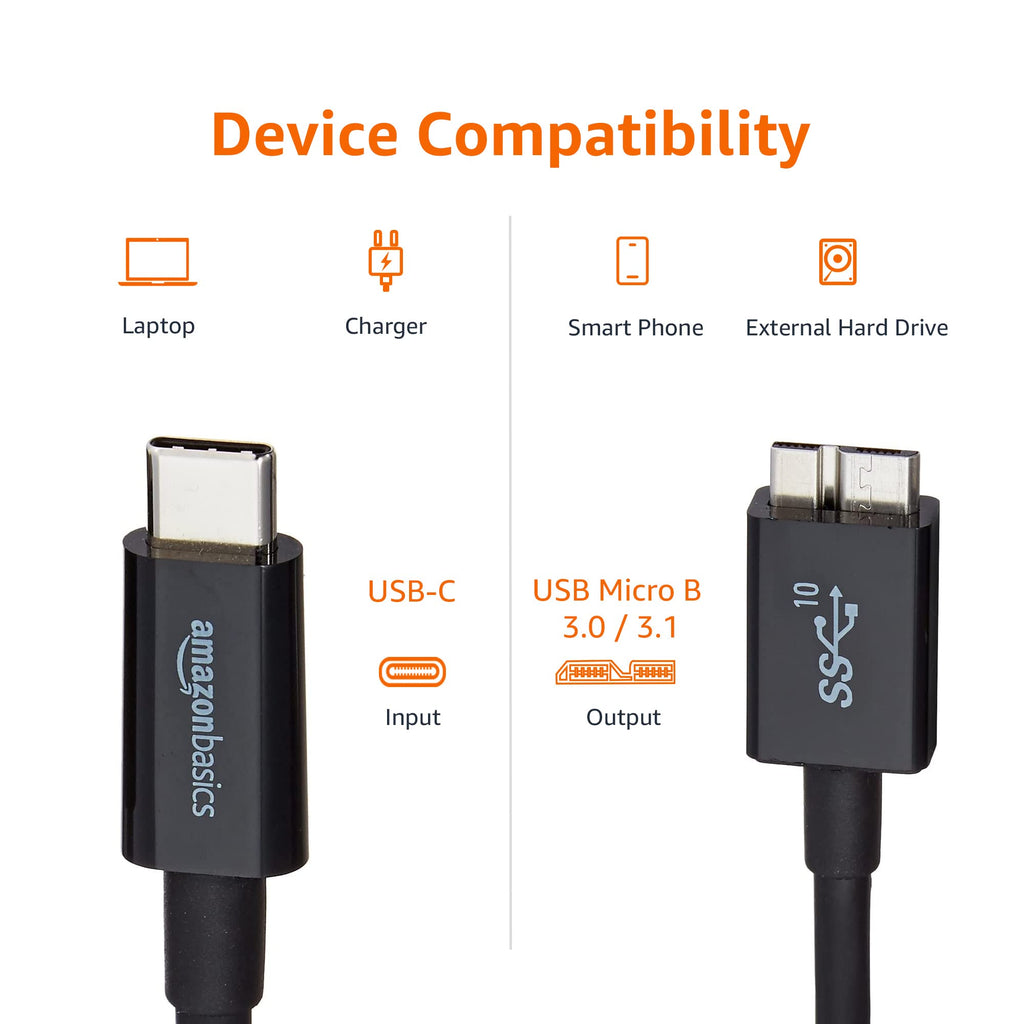 Amazon Basics USB-C to Micro USB 3.1 Gen 2 Fast Charging Cable, 10Gbps High-Speed Data Transfer, Compatible with External Hard Drive, 3 Foot, Black
