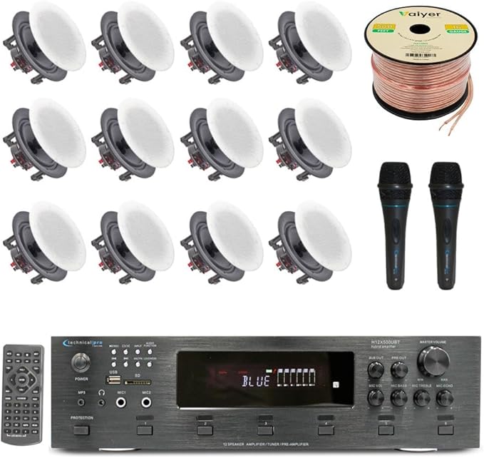 Home Audio System Kit - 6 Channel 6000 W Bluetooth Amplifier w/ 12 Qty of 5.25" Frameless in-Wall in-Ceiling Speakers 175 W Each, 2 Qty of Wired Mic, 500 ft Speaker Wire & Remote by Technical Pro