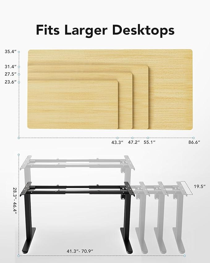 HUANUO Standing Desk Frame with 220lbs Powerful Brushless Motor, Double Crossbeam Structure, Thick Adjustable Desk Legs, for Max 35.4″ x 86.6″ Desktop, for Home Office, Black Frame Only