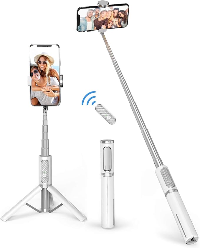 ATUMTEK Selfie Stick Tripod, Extendable 3 in 1 Aluminum Bluetooth Selfie Stick with Wireless Remote and Tripod Stand for iPhone 16/15/14/13/12/11/11 Pro/XS Max/XS/XR/X/8/7, Samsung Smartphones, White