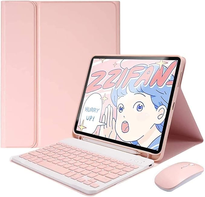 AnMengXinLing Keyboard Case for iPad Air 13 Inch (M3 2025/M2 2024)/Pro 12.9 6th/5th/4th Generation with Mouse Pencil Holder, Magnetically Detachable Keyboard Mouse, Pink