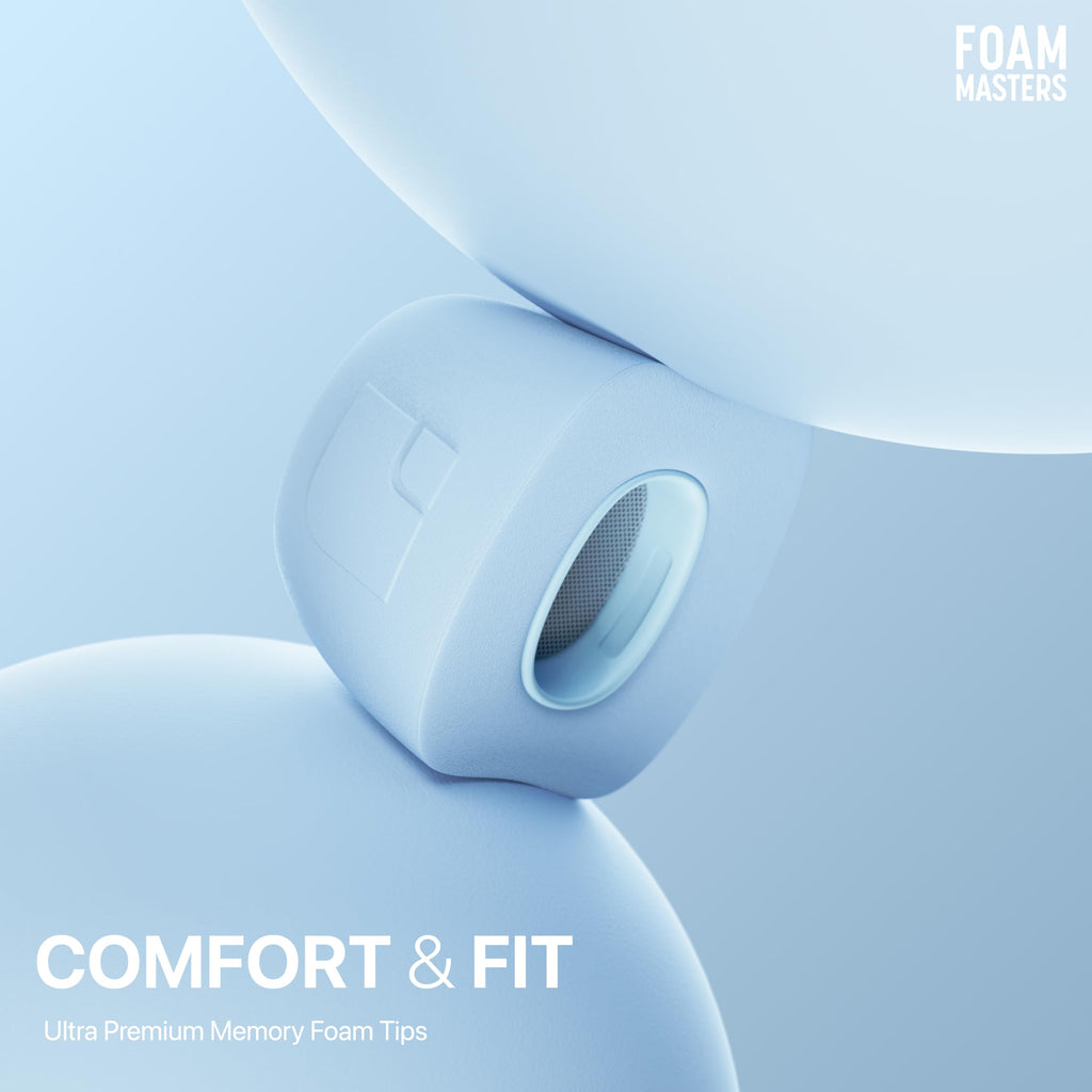 Foam Masters Ultra-Premium Memory Foam Ear Tips for AirPods Pro 1st & 2nd Gen | 3 Pairs | New Ver. | Secure Fit | Super Comfort | Better Noise Cancel | Replacement Buds (Assorted S/M/L, Light Blue)