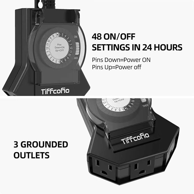 Outdoor Timer Outlet Waterproof, 24 Hour Mechanical Light Timer Outdoor, 2 Grounded Outlets for Home and Garden, 15A 1/2HP, Heavy Duty, ETL Listed (2 Packs)