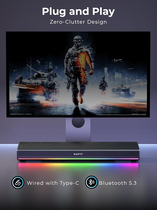 havit Computer Speakers for Desktop PC, Bluetooth 5.3 Pc Soundbar with Dynamic LED Light, HiFi Stereo, Poratble Bluetooth Speaker, Gaming Speakers for PC, Laptop,Tablet