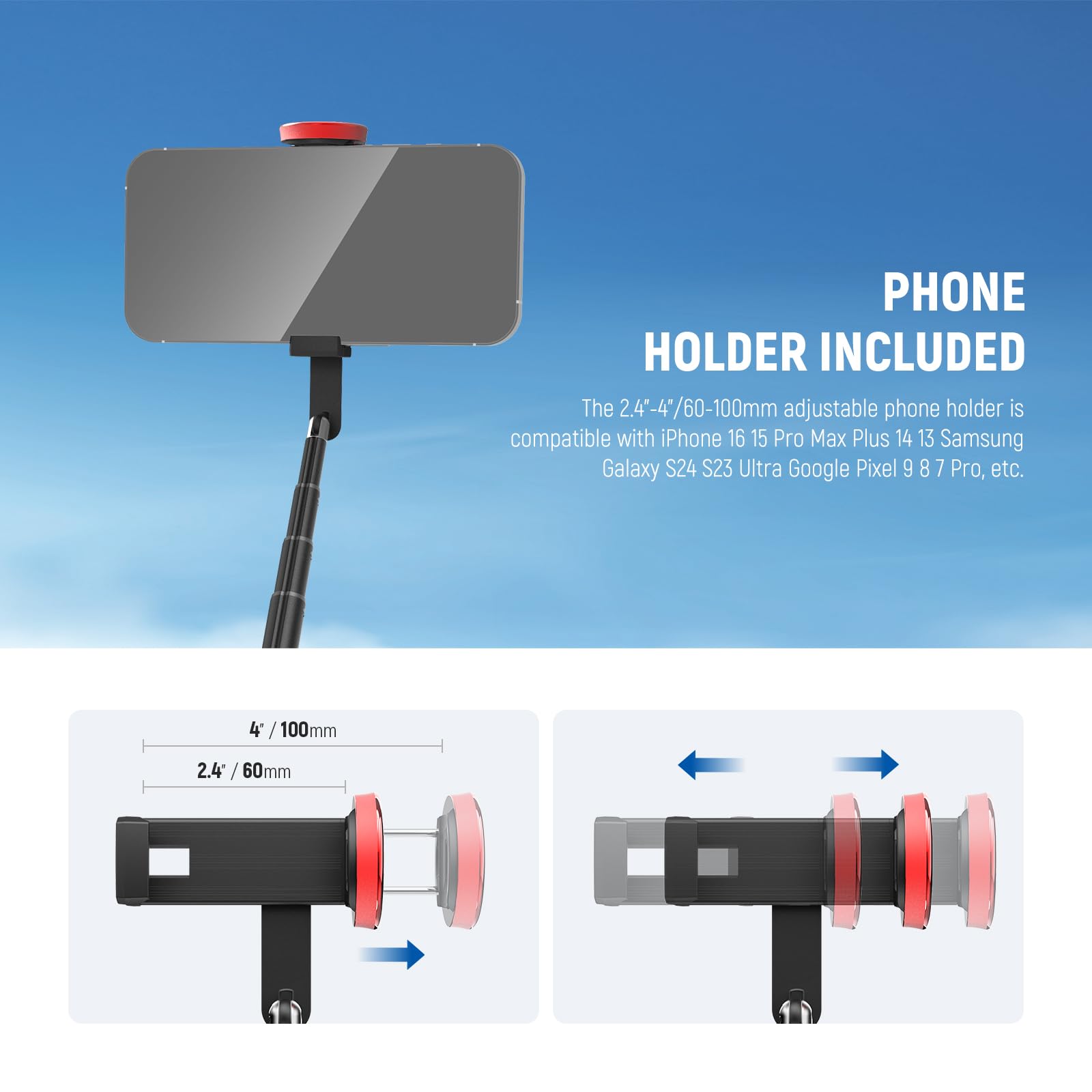 NEEWER Basics PA991 Selfie Stick Tripod Compatible with iPhone Samsung Android, 57.9 Inch Metal Portable Lightweight Travel Mobile Phone Stand with Holder & Remote Control for Video Recording