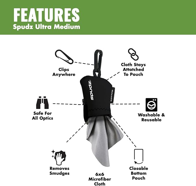 SPUDZ Ultra Microfiber Lens Cleaner – Closable Pouch, Clip-On, Washable – for Optics, Scopes, Glasses | Liberty, 6 x 6 Inch