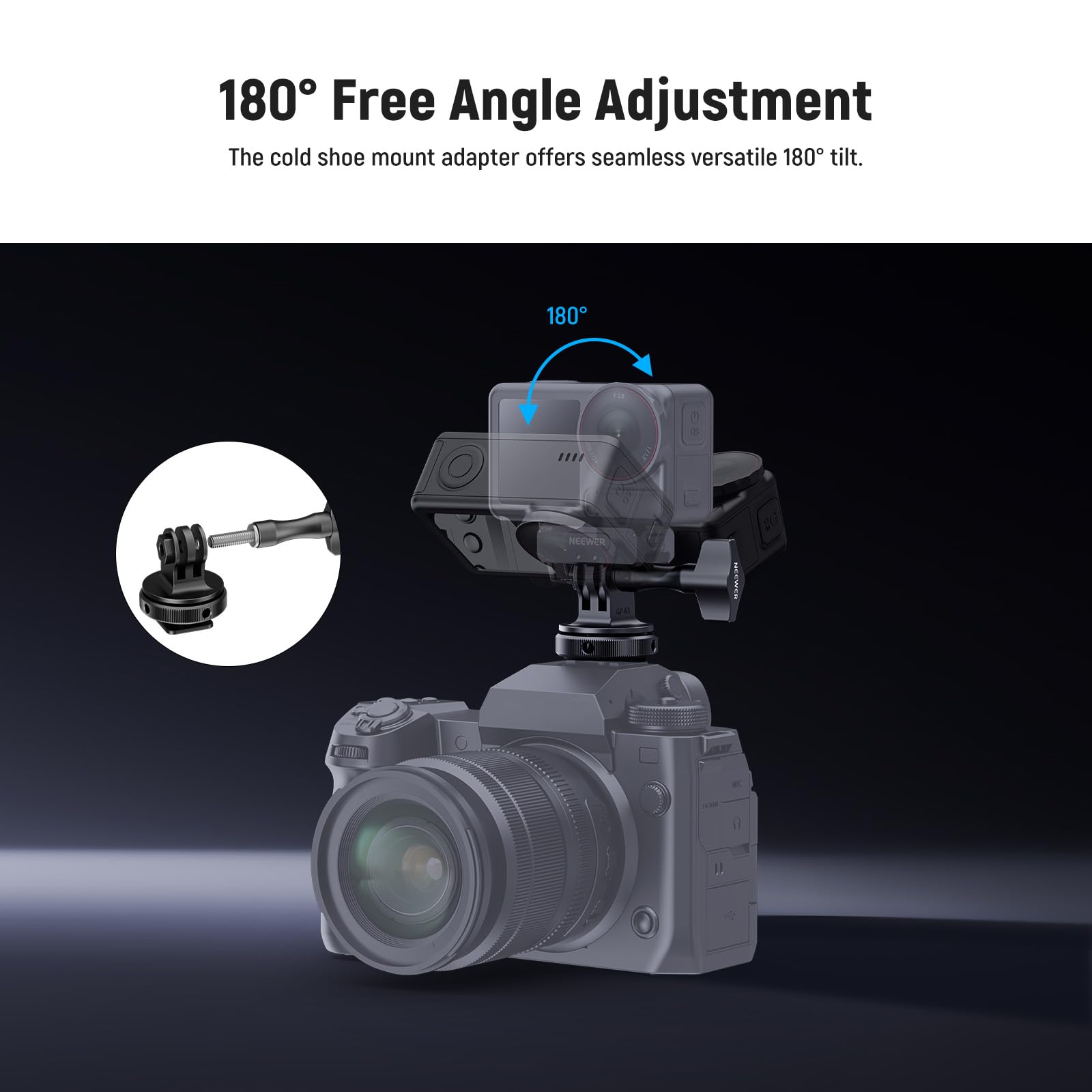 NEEWER Action Camera Cold Shoe Mount Adapter Compatible with GoPro Accessories Go Pro DJI Insta360 AKASO, Metal 1/4" Thread Hot Shoe Mount for Mini Tripod Selfie Stick, 180° Tilt, GP-63