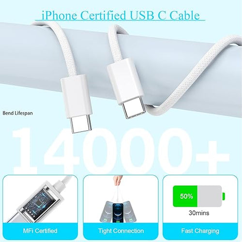 10FT Woven Cable for Apple 17 16 15,60W 10Foot USB C to Type C Braided Cord