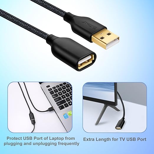 OKRAY USB Extension Cable 10FT, 2-Pack Nylon Braided USB 2.0 Extender Cord Type A Male to A Female Extension Cable with Gold-Plated Connector for USB Flash Drive/Hard Drive, Keyboard, Printer, Webcam