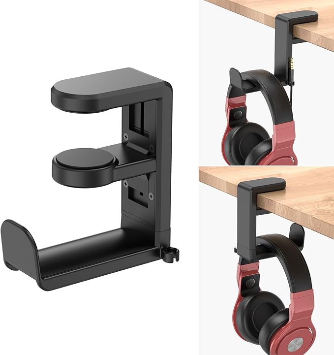 EURPMASK Rotating Headphone Stand - PC Gaming Headset Holder, Adjustable Clamp-on Under Desk Hanger With 360 Degree Swivel & Cable Clip Organizer - Black
