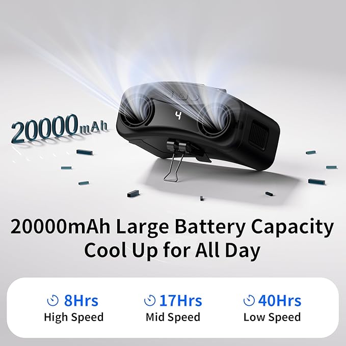 Socool 20000mAh Portable Waist Fan Clip on Wearable Belt Personal Fan Rechargeable, 40H Cooling Battery Operated with 10 Speeds & Dual Air Outlets, Neck Fans Hanging for Outdoor Jobsite Camping