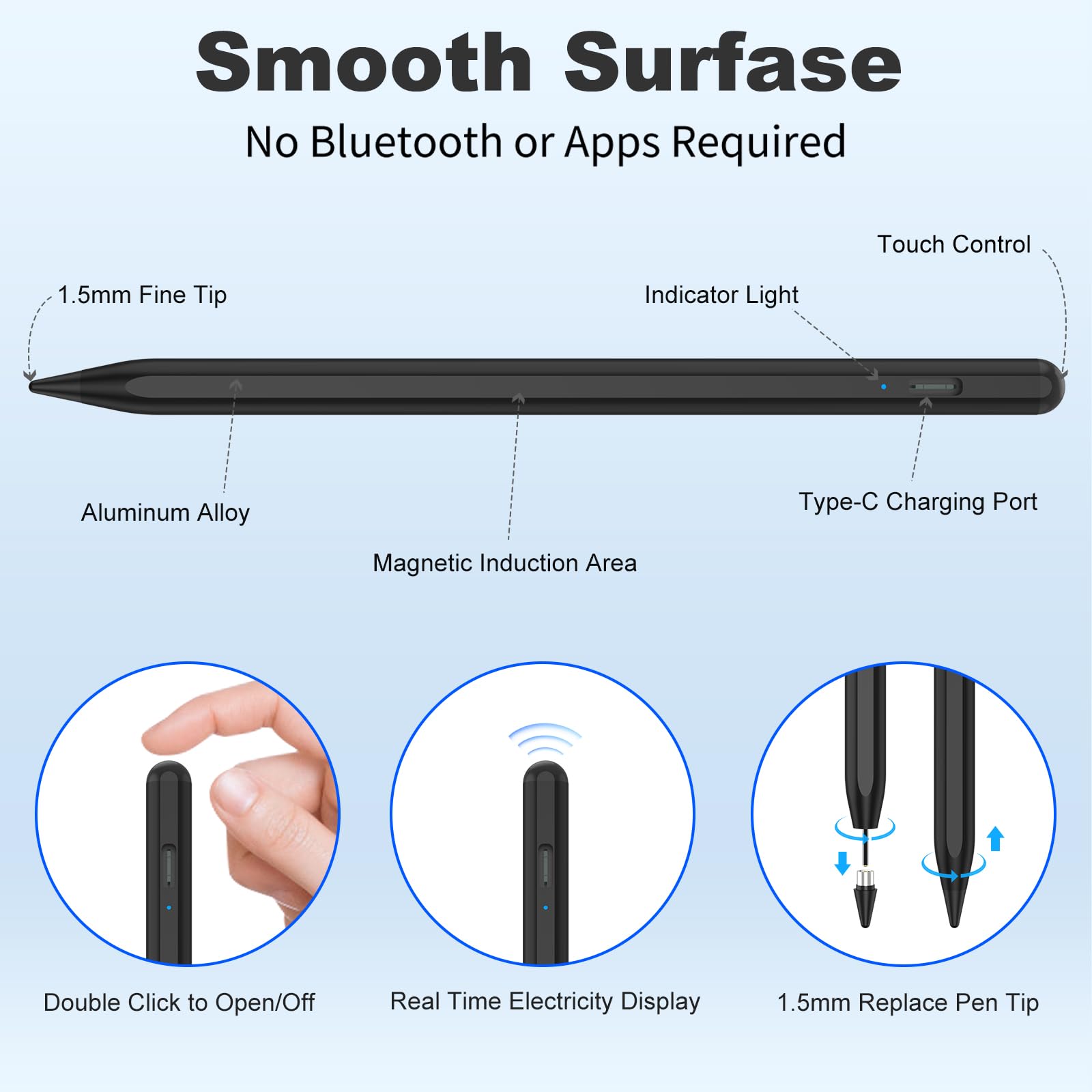Stylus Pen for iOS&Android Touch Screens, Active Pencil for Samsung, Smart Digital Stylus Pens for Lenovo/Huawei/Vivo/Mi and Other Tablets, iPhone/Samsung/Google Pixel Smart Phones Drawing&Writing