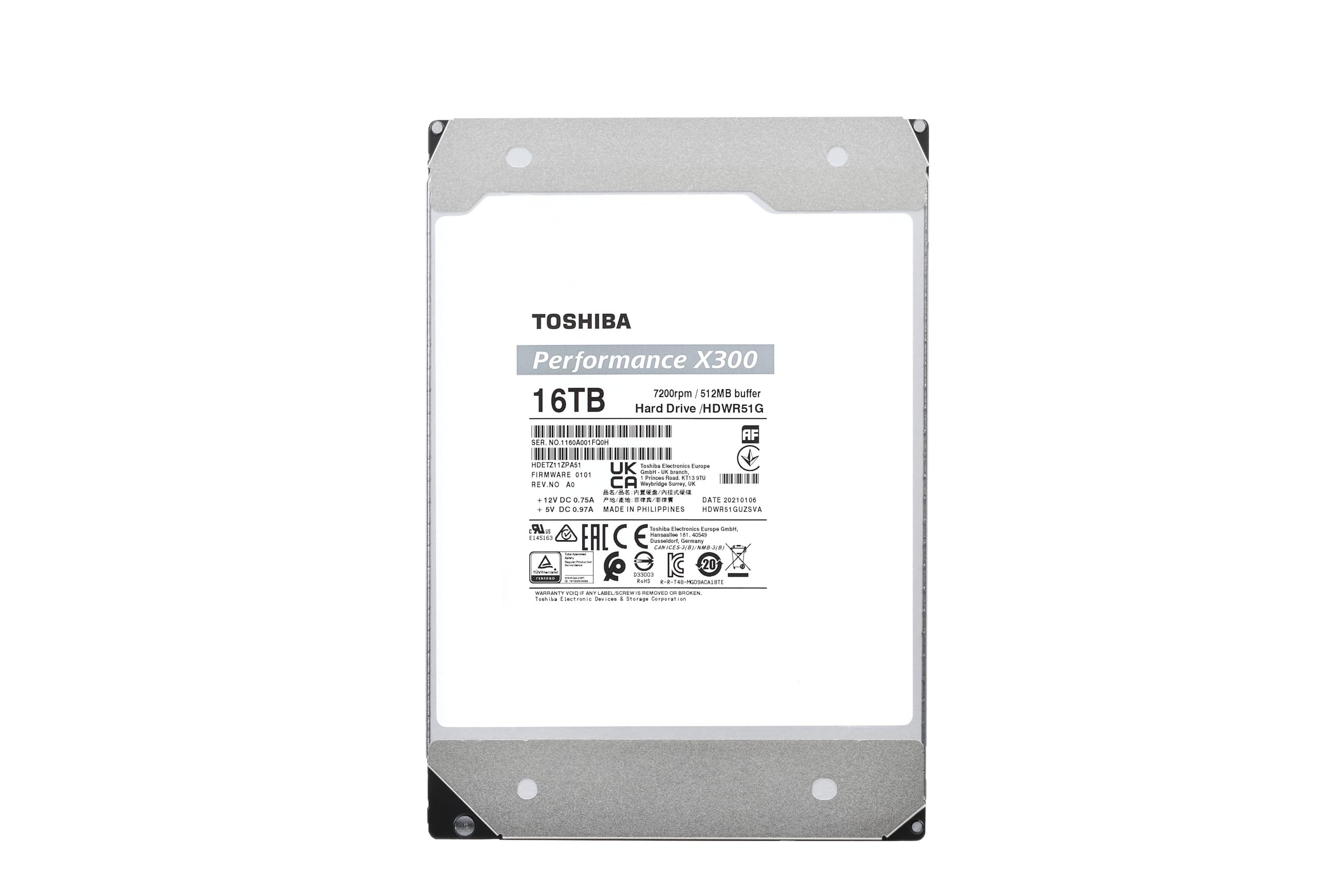 Toshiba X300 16TB Performance & Gaming 3.5-Inch Internal Hard Drive – CMR SATA 6 GB/s 7200 RPM 512 MB Cache - HDWR51GXZSTA