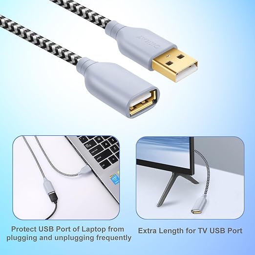 OKRAY White USB Extension Cable, 2-Pack 6FT Nylon Braided USB 2.0 Extension Cable - Type A Male to A Female Extender Cord with Gold-Plated Connector for USB Flash Drive, Keyboard, Printer, Webcam