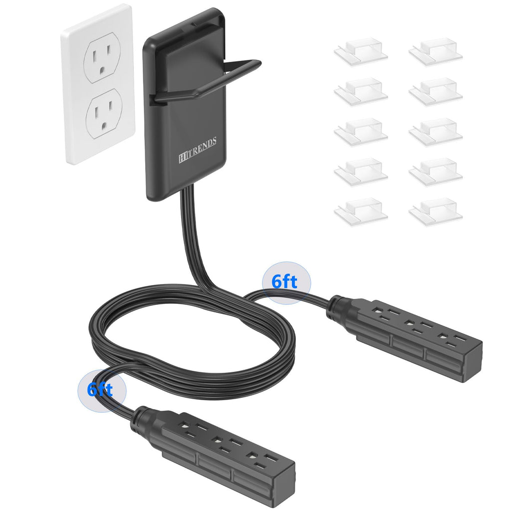 6ft Flat Plug Dual Extension Cord with 6 Outlets, Outlet Cover Extension Cord Flat Wall Plug, Pull Tab Design Outlet Extender, Flat Power Strip Outlet Concealer, Child & Pet Safe, 1875W, Black