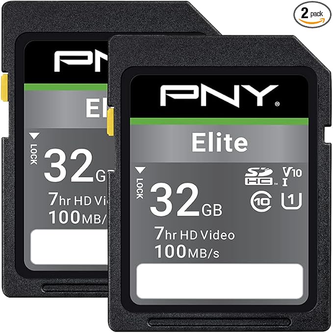 PNY 32GB Elite Class 10 U1 V10 SDHC Flash Memory Card - 100MB/s, Class 10, U1, V10, Full HD, UHS-I, Full Size SD (Pack of 2)