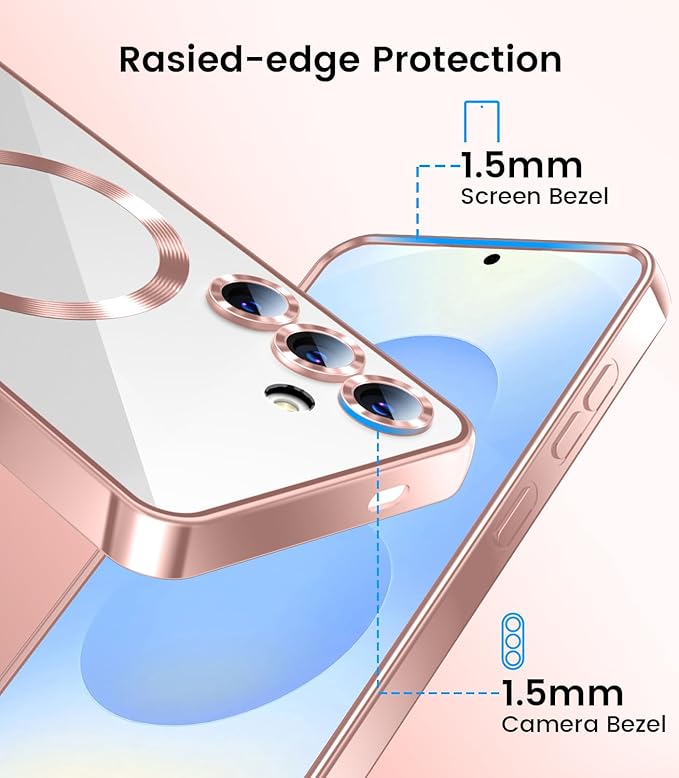 Slim Thin for Samsung Galaxy S25 Plus Case, Compatible with MagSafe, Built-in Camera Lens Protector, Shockproof Protective Phone Case, Soft Electroplated Clear Cover, Rose Gold