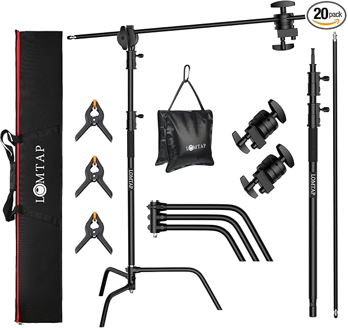 LOMTAP C Stand Light Stand Stainless Metal Photography Kit - Heavy Duty 6.8ft/210cm Vertical Pole, 2.8ft/87cm Boom Arm, Adjustable Base, Water Sandbag, 2 Grip Heads, 3 Clips for Softbox, Reflector