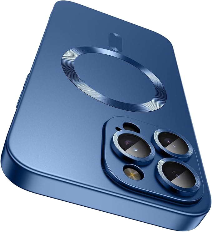 Magnetic for iPhone 15 Pro Case [Compatible with MagSafe][Built-in Camera Lens Protector] Slim Soft Silicone Bumper Shockproof Metallic Shine Phone Case (Blue)